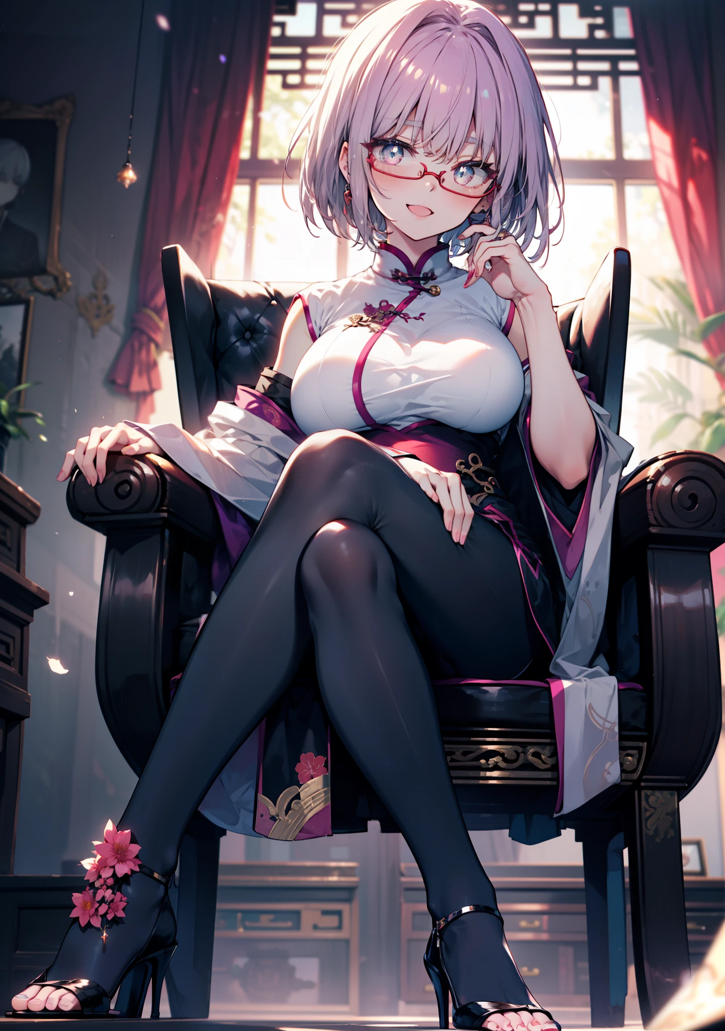 akaneshinjou, shinjou akane, Light purple hair, (Pink Eyes:1.2), happy smile, smile, Open your mouth,short hair,Red-rimmed glasses,hair band,Big Breasts,Sleeveless purple cheongsam,Long slit,Black pantyhose,Stiletto heels,sitting cross-legged on a chair,
break looking at viewer, whole body, 　　　　　　　　break indoors, room,　　　　　　　　　　 　　　break (masterpiece:1.2), Highest quality, High resolution, unity 8k wallpaper, (shape:0.8), (Beautiful and beautiful eyes:1.6), Highly detailed face, Perfect lighting, Extremely detailed CG, (Perfect hands, Perfect Anatomy),