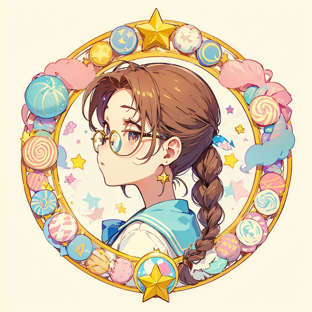 Circular emblem{star、ribbon、unicorn、candy、rainbow}、A girl with a single braided hairstyle{Glasses、Brown Hair、Brown eyes、Light blue sailor suit}