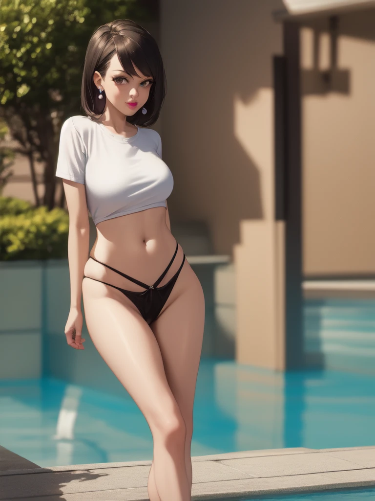 masterpiece, best quality, 1girl, solo, breasts, looking at viewer, mature female, mrsturner, earrings, lipstick, wearing a white tshirt, (black panty), (((black thong))), outdoors, pool, backyard, fence, house, portrait,