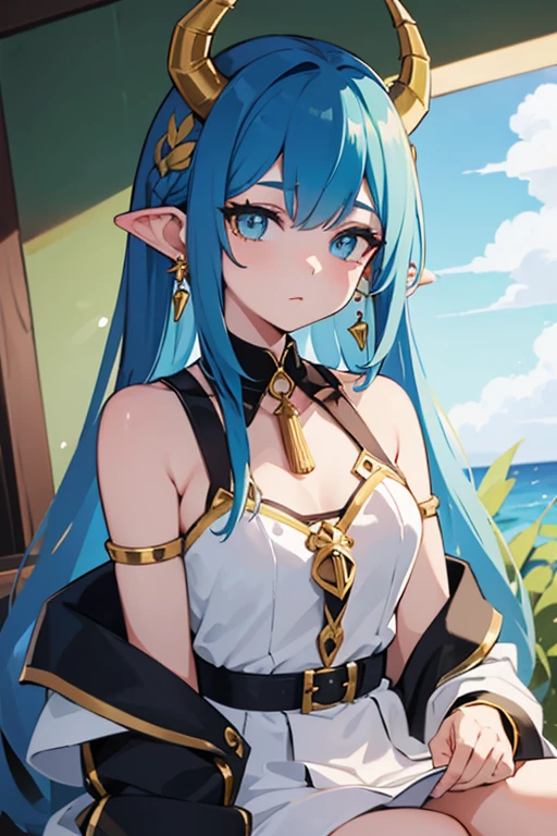 A capricorn girl with long hair, a fishtail and a collar around her neck, earrings in her ears and scales on her skin.