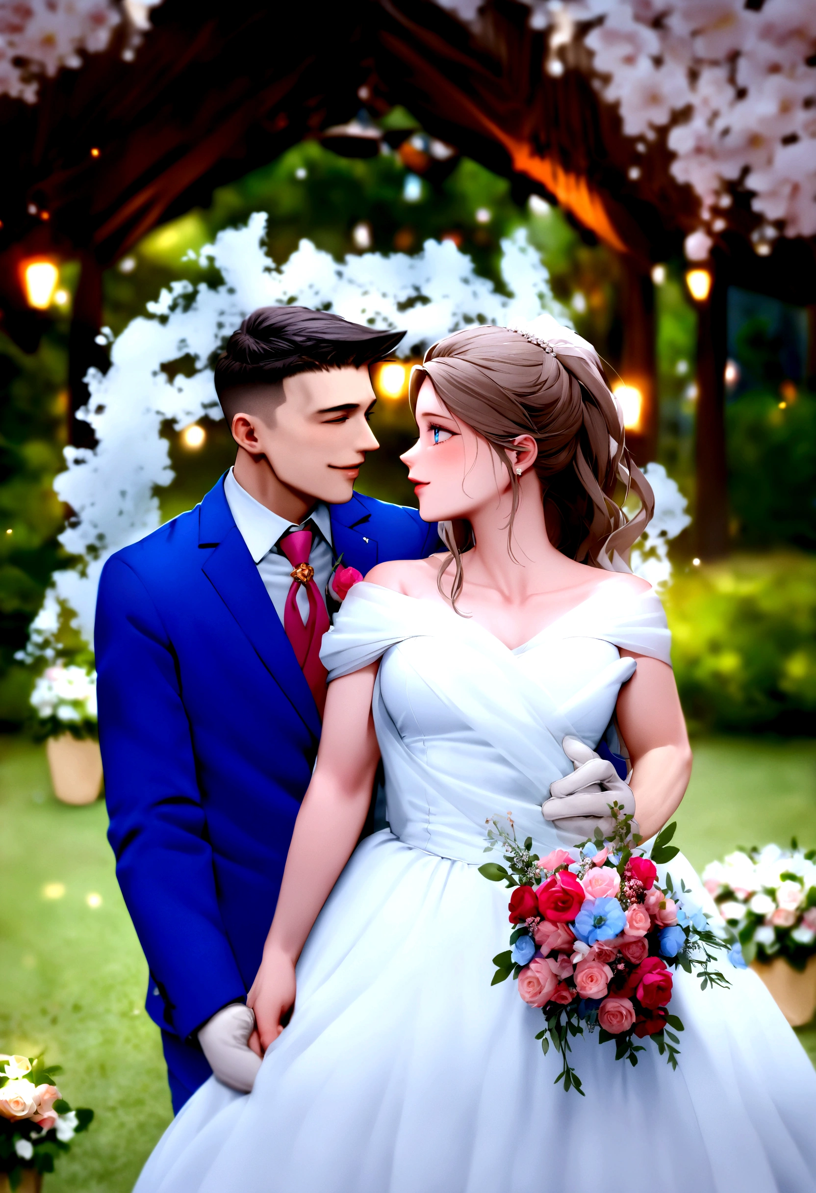 work of art, 1 girl, 1 young boy, don, two people, marriage don, necktie, Couple, ssmile, strapless don, eyes locked, pants, strapless, veil, flowers, long hair, containment, jewerly, mitts, chemise, necklase, bouquet, white pants, containment bouquet, white don, blue colored eyes, white chemise, open jacket, containment hands, elbow mitts, white mitts, white jacket, pink necktie, bridal veil, White background, marriage, husband and wife, long sleeves, long don, pink flowers, shorth hair, standing, capa do romance