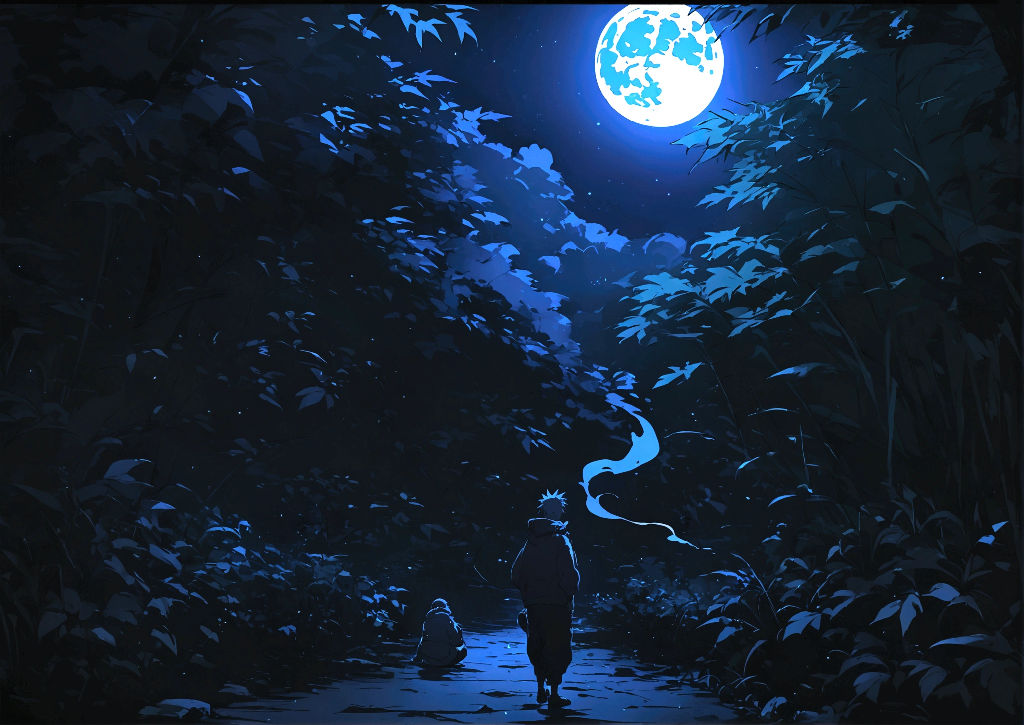 Naruto smoking weed outside at night, on a full moon night. cena  ultra wide 4k 90s