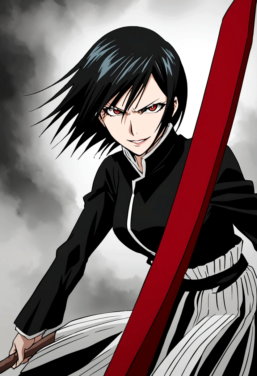 a one woman, Bblack hair, Eyes red, evil smile, reddish aura, carrying a scythe, shinigami clothes, Bleach manga trace