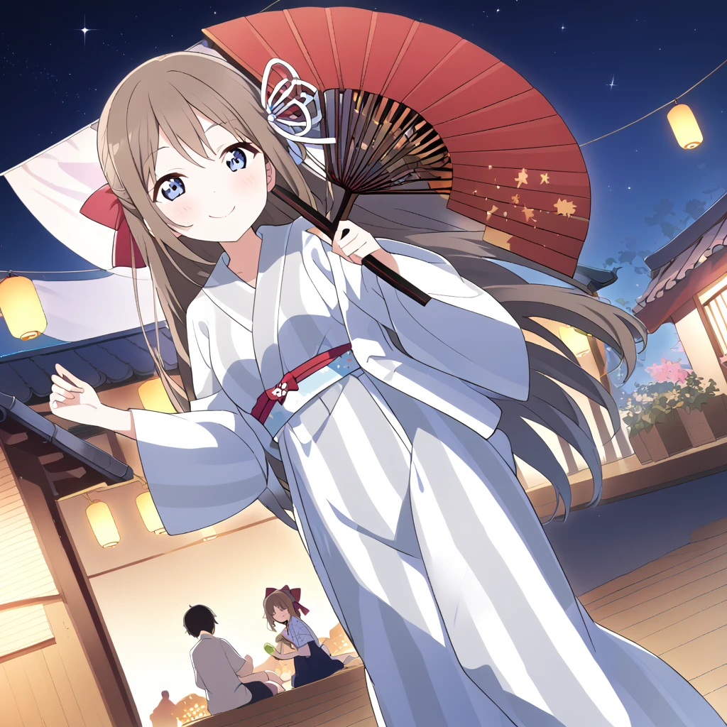 1People Girls Sakurazaka Shizuku Brown Hair Very Long Hair yukata fan Night view Starry Sky full moon Big red、Hair Ribbon smile Yamato Nadeshiko