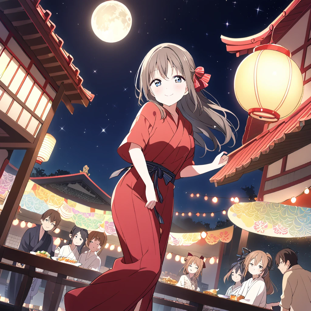 １People Girls　Sakurazaka Shizuku　Brown Hair　Very Long Hair　yukata　fan　Night view　Starry Sky　full moon　Big red、Hair Ribbon　smile　Yamato Nadeshiko