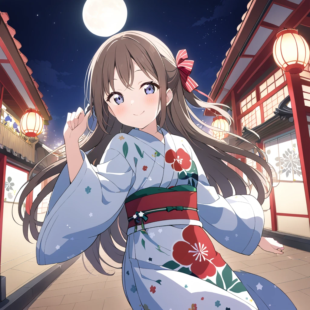 １People Girls　Sakurazaka Shizuku　Brown Hair　Very Long Hair　yukata　fan　Night view　Starry Sky　full moon　Big red、Hair Ribbon　smile　Yamato Nadeshiko