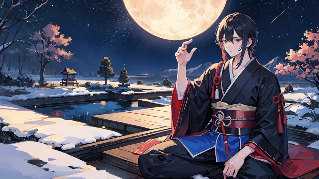 A samurai man in a period house sitting with the night with stars and the moon in the background