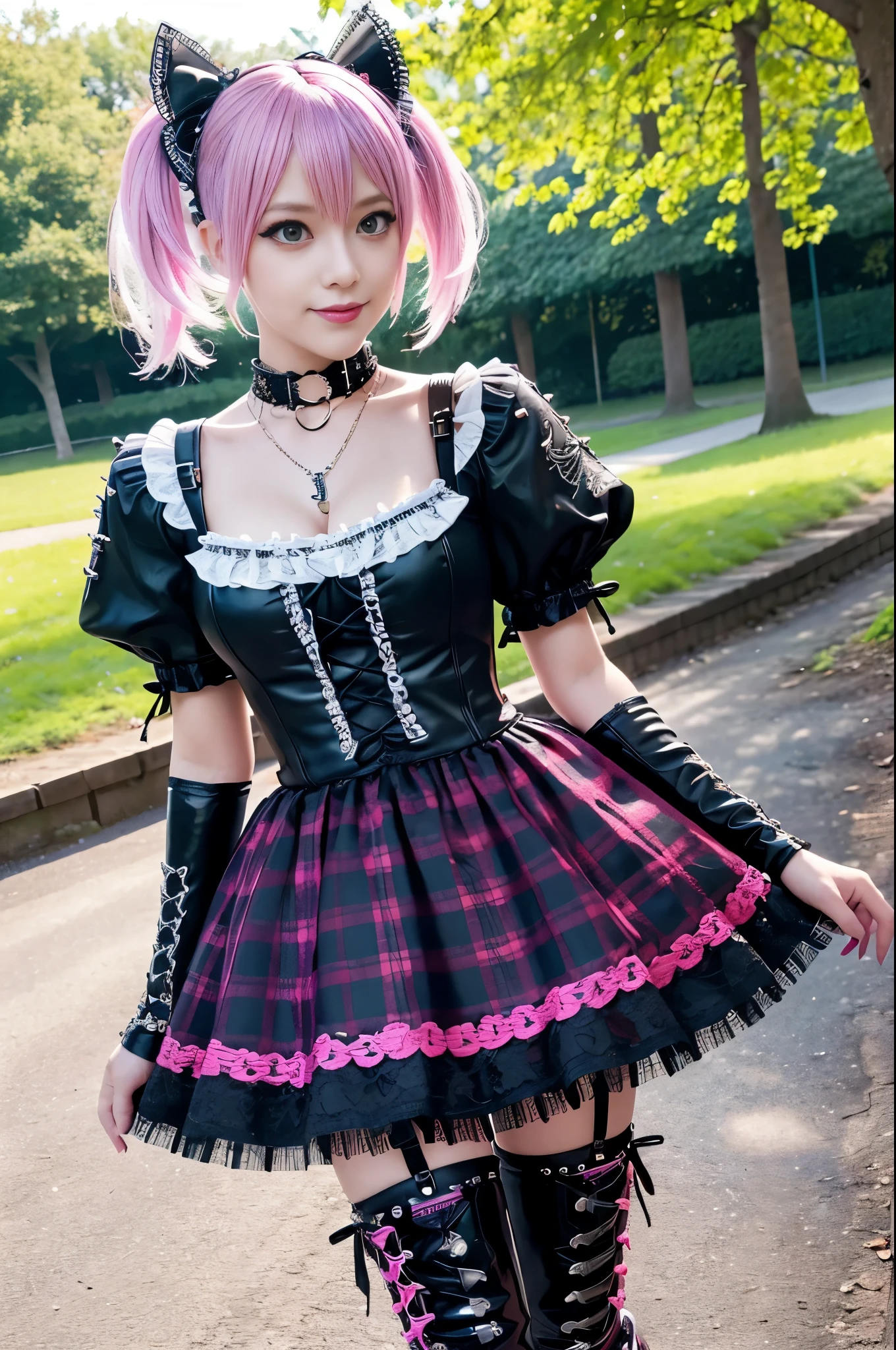 sexy stylish Swedish model, only 1 female, ((doll-like appearance)), short neon pink stylish hair, ((shiny Punk-Style boots)), (beautiful smile), ultra detailed eyes, Punk makeup, lip-gloss, ((sexy Punk Lolita cosplay)), unconventional skirt, petticoats, high neckline, ((ultra detailed lace)), ((ultra detailed embroidery)), intricate details, tartan patterns, Punk Lolita accessoires, Punk Lolita choker, ((large sparkling Punk Lolita jewelry)), cinematic light, detailed sunny large park background with trees
