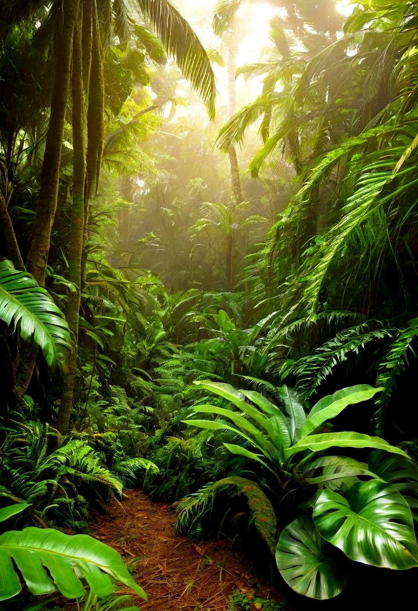 Dense vegetation of a tropical forest with several layers of plants.
