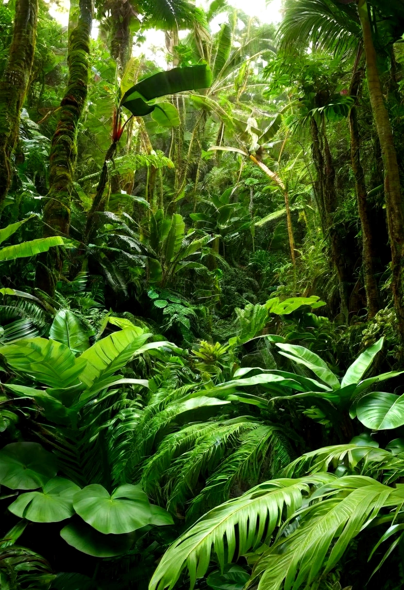 Dense vegetation of a tropical forest with several layers of plants.
