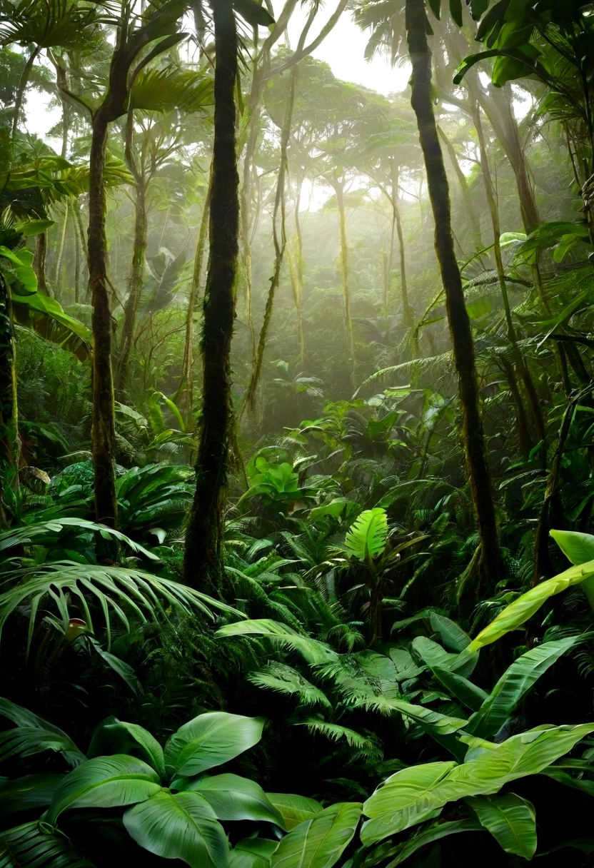 Dense vegetation of a tropical forest with several layers of plants.