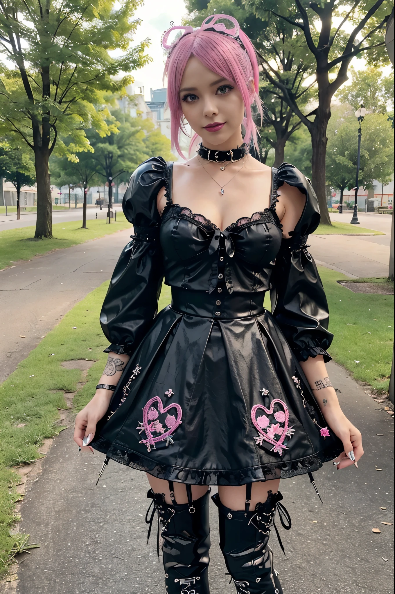 sexy stylish Swedish model, only 1 female, ((doll-like appearance)), short neon pink stylish hair, ((shiny Punk-Style boots)), (beautiful smile), ultra detailed eyes, Punk makeup, lip-gloss, ((sexy Punk ta cosplay)), unconventional skirt, petticoats, high neckline, ((ultra detailed lace)), ((ultra detailed embroidery)), intricate details, tartan patterns, Punk Loliccessoires, Punk Lolita cr, ((large sparkling Punk Lolita jewel, cinematic light, detailed sunny large park background with trees