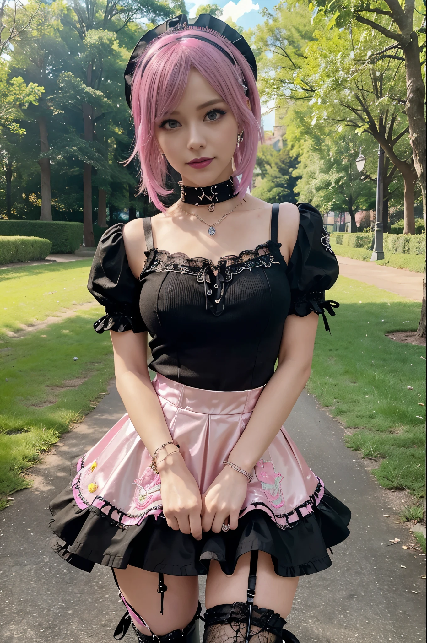 sexy stylish Swedish model, only 1 female, ((doll-like appearance)), short neon pink stylish hair, ((shiny Punk-Style boots)), (beautiful smile), ultra detailed eyes, Punk makeup, lip-gloss, ((sexy Punk Lolita cosplay)), unconventional skirt, petticoats, high neckline, ((ultra detailed lace)), ((ultra detailed embroidery)), intricate details, tartan patterns, Punk Lolita accessoires, Punk Lolita choker, ((large sparkling Punk Lolita jewelry)), cinematic light, detailed sunny large park background with trees