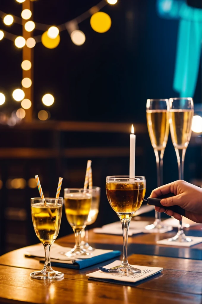 Glasses on a table and behind a party
