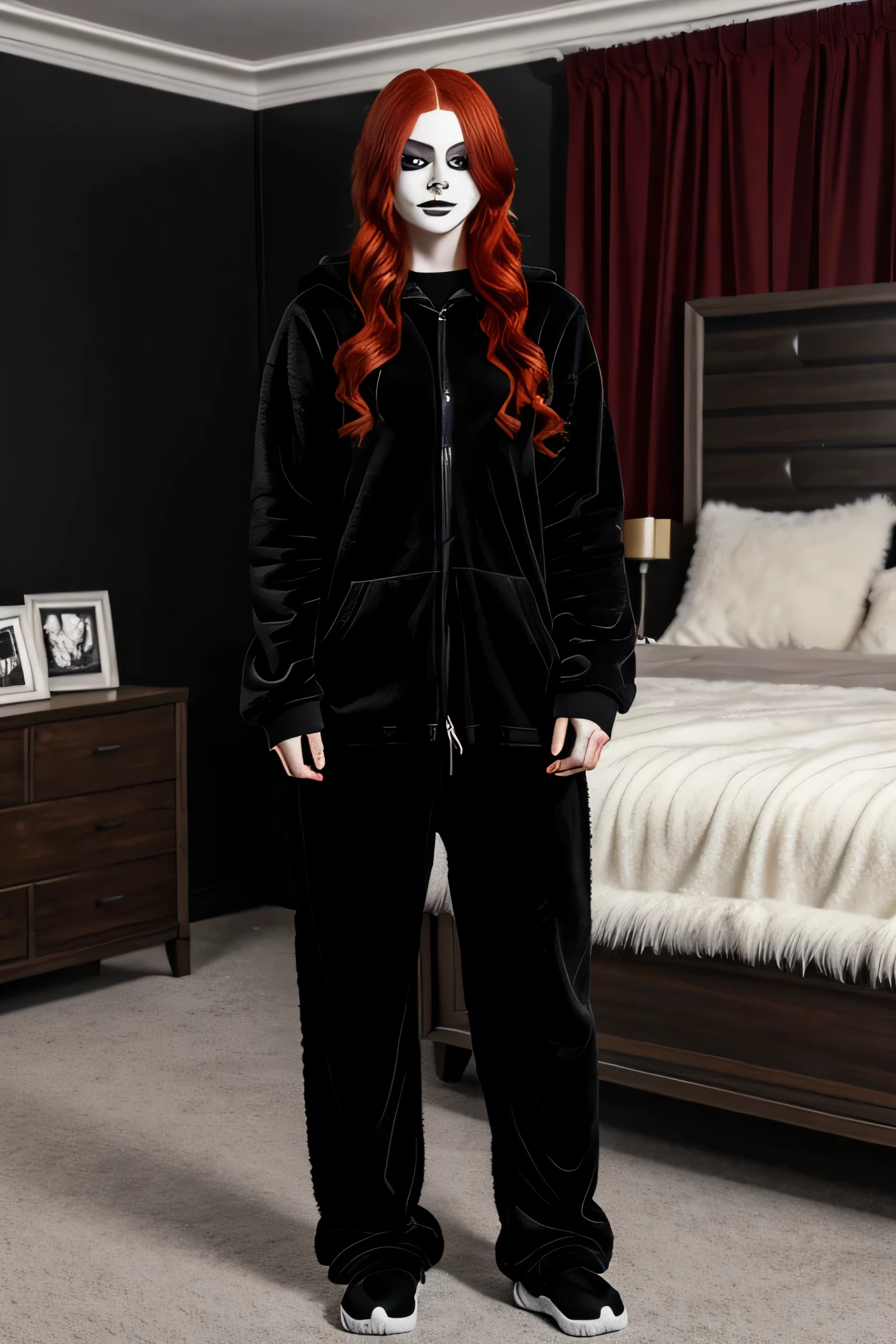 A young redheaded woman with corpse paint dressed in black baggy sweatpants and a fluffy black HD 4k full body pictures super fluffy onesie fleece pants fetish pictures fleece jacket