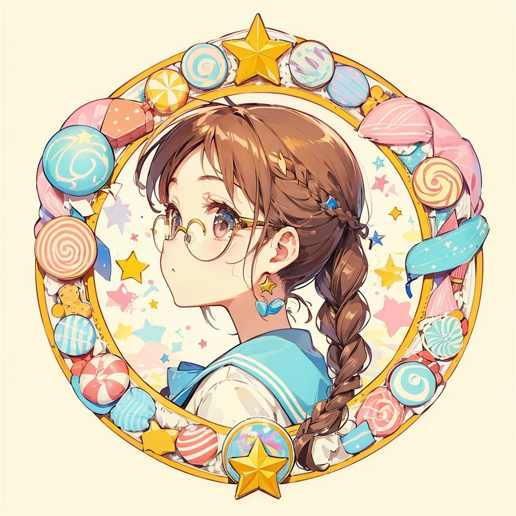 Circular emblem{star、ribbon、unicorn、candy、rainbow}、A girl with a single braided hairstyle{Glasses、Brown Hair、Brown eyes、Light blue sailor suit}
