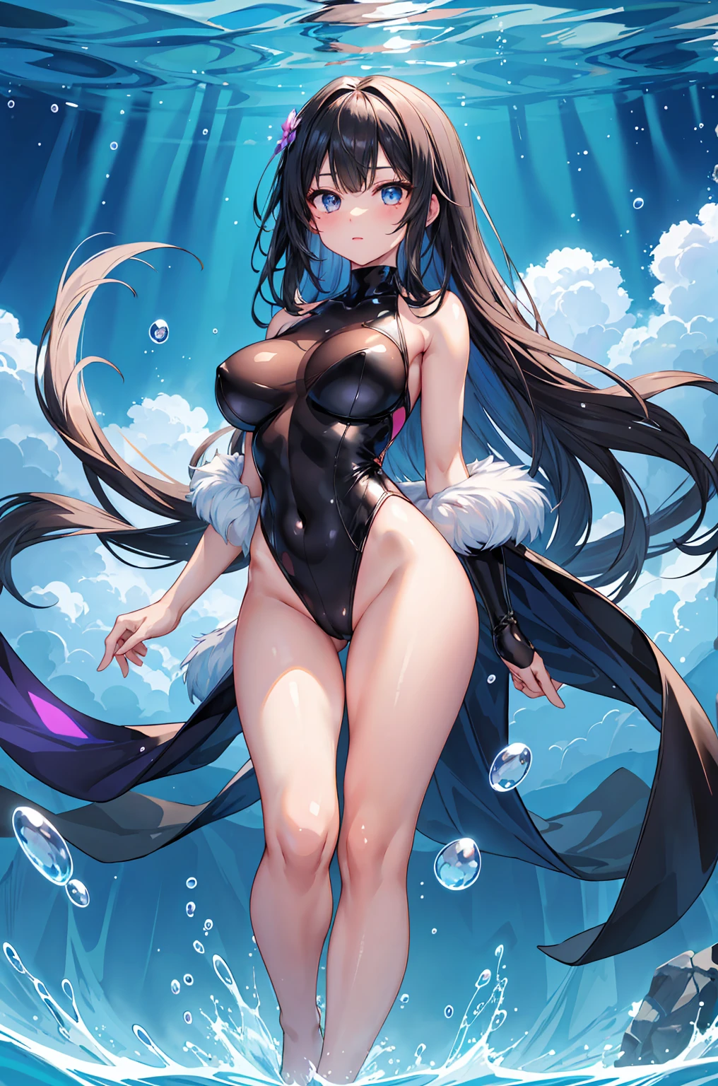 (lady's_whole_body_is_underwater),(standing),(front_view,view_straight),(clear_face,expressionless), break (super_long_black_hair:1.1),shiny_hair, break, super_highleg,black_Leotard,turtleneck, break, Shiny_skin,gleaming_skin, break, Large_breasts,skinny_female, break, bare_shoulders,bare_arms,bare_hand,bare_parm,bare_finger_bare_legs,bare_foot, break, 1lady,solo,dynamic_lighting,dispersion_light,caustics,8K,large_filesize,illustration,beautiful_detailed_face,beautiful_detailed_glow,beautiful_detailed_girl,an_extremely_delicate_and_beautiful,very_high_resolution,finely_detail, 5fingers,five_fingers,