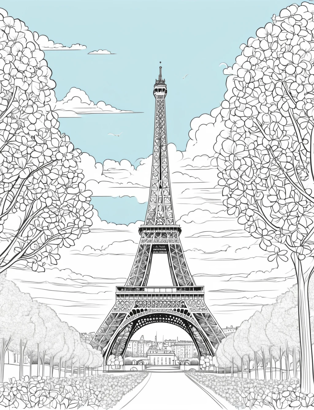 ((The Eiffel Tower with a clear blue sky and a few clouds, surrounded by trees and flowers at the Champ de Mars.)), (black and white), (masterpiece), (coloring page), line art drawing, graphic, (line art), vector graphics, Clear and Distinct Lines, Varied Line Weights, Smooth curves, Bold outlines, Crisp shapes