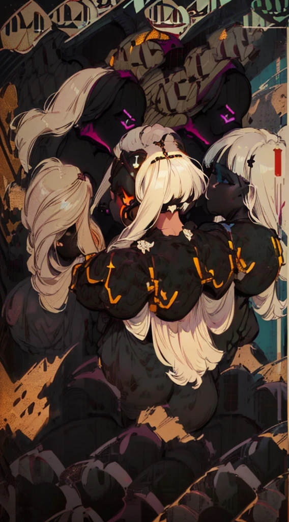 (masterpiece, best quality), close up, overhead view, cowboy shot, Anime style, detailed, sexy Blake, highly detailed, intricate, professional art, digital art, 20k, blake belladonna, (african woman: 2.3), (dark skin: 2.8), portrait, sexy woman, (japanese sci-fi complex background, city:1.35), city, animal eyes, cat ears, big ass, black hair, long hair, blunt bangs, lipstick, (purple makeup:1.1), black eyeshadow, detailed hair, ultra detailed face, yellow eyes, perfect eyes, cat eyes, beautiful eyes, amber eyes, detailed eyes, perfect face, (very dark skin: 1.8), african woman, (african woman: 2.1), very dark skin character, (very dark skin: 3.2), (tail:0), (japanese clothes:0.6), night-gown, thin-clothes, (see-through clothes: 1.6) (hip vent:0.9), (bridal gauntlets:1.1), shrug (clothing), (young female, 16 years old:1.1, black woman: 2.4), Large Breasts, cleavage, (fit body: 1.1) Black and white outfit. White tailcoat. Tight black spats, thong, Black laced tank bra.