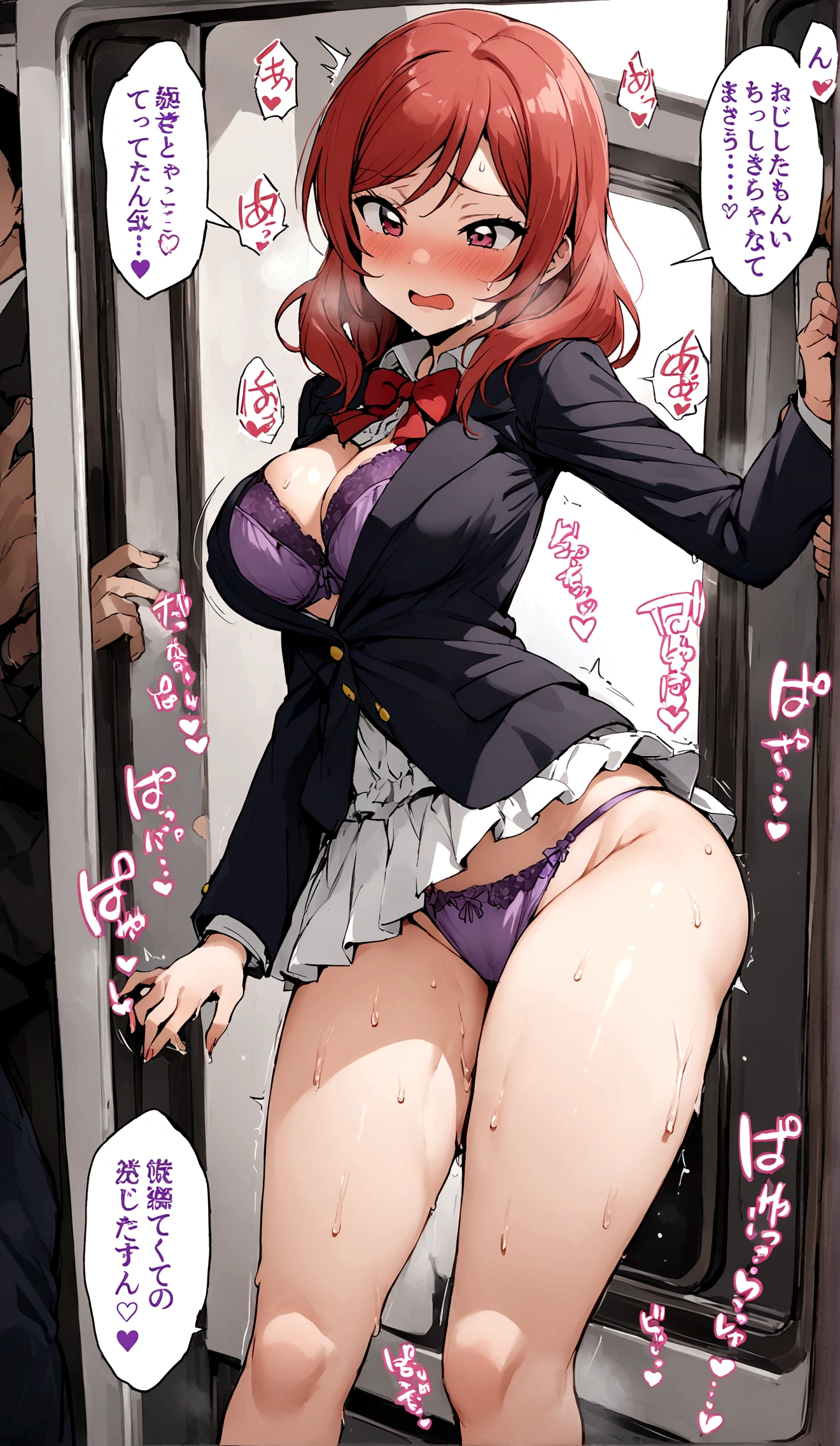 Maki Nishikino、lovelive 、One Girl, crowded train、crowd、on the train、Attacked by a molester、Five Fingers, mini skirt, Being petted、Highest quality, Displeased face, blazer, blouse,Purple bra、 Purple Panties, Her thighs and groin are wet with love juice. 、crowd、Big 、Very big ass、Thick thighs、The woman feels sexual arousal、Having my breasts massaged、Having your groin touched、Reaching orgasm、指でHaving your groin touched、Being fingered by a pervert、Spread your legs、Obscene sound effects、Naughty sound effects