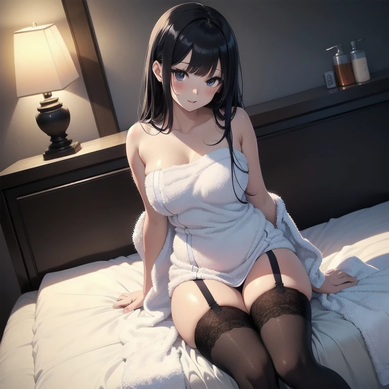 1girl, anime, black eyes, long black hair with square bangs, very long black hair, super long black hair, adult, hourglass figure, nerdy, ((((bed)))), (happy), (((bath towel))), playful, teasing, ((gamer girl)), lights off, dim, (night time), minimal lighting, ((black thigh highs)), ((garter)), inviting, suggestive, ((high angle shot)), pov