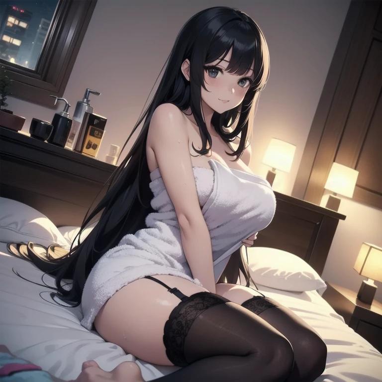 1girl, anime, black eyes, long black hair with square bangs, very long black hair, super long black hair, adult, hourglass figure, nerdy, ((((bed)))), (happy), (((bath towel))), playful, teasing, ((gamer girl)), lights off, dim, (night time), minimal lighting, ((black thigh highs)), ((garter)), inviting, suggestive, ((high angle shot)), pov