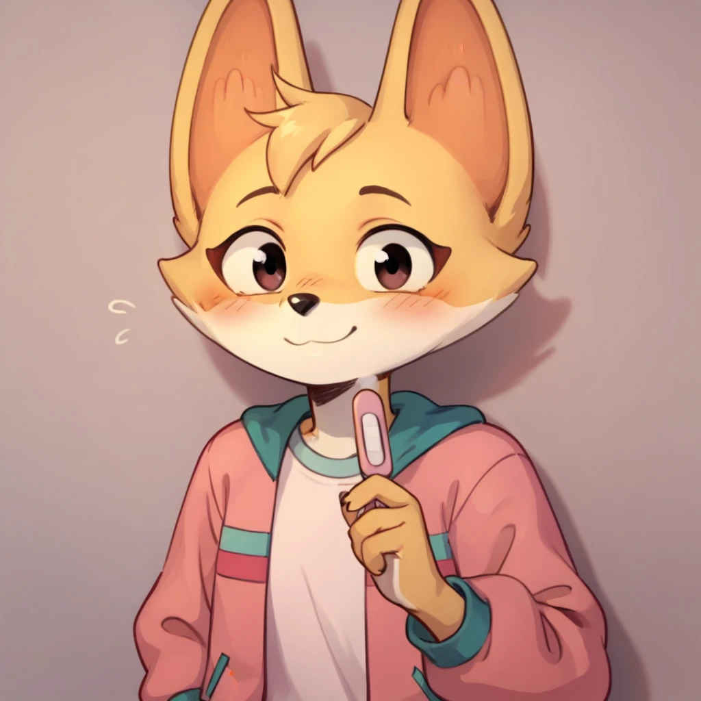 score_9, score_8_up, score_7_up, score_6_up, score_5_up, score_4_up, kit casey, fox, anthro, female, furry, holding pregnancy test, looking at viewer, headshot, blush, shy, smile, pink jacket, shirt, solo