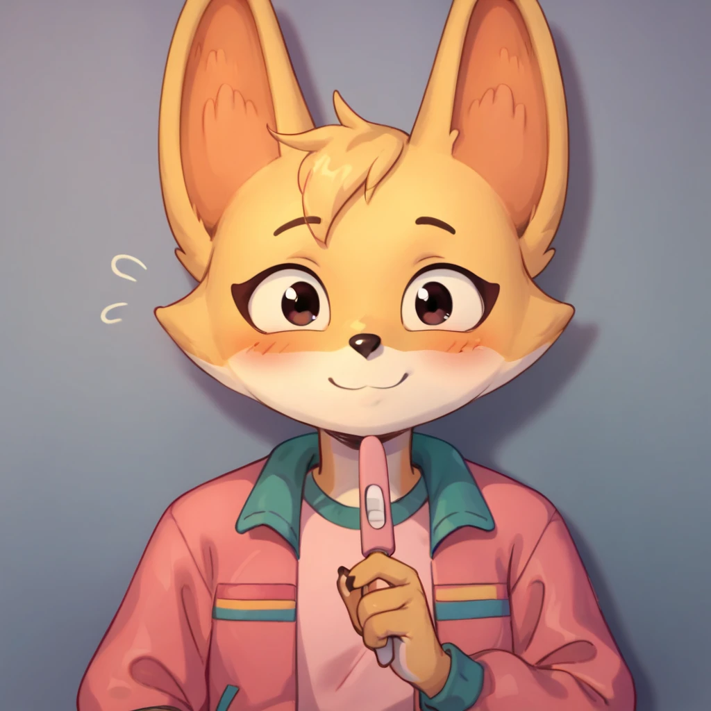 score_9, score_8_up, score_7_up, score_6_up, score_5_up, score_4_up, kit casey, fox, anthro, female, furry, holding pregnancy test, looking at viewer, headshot, blush, shy, smile, pink jacket, shirt, solo