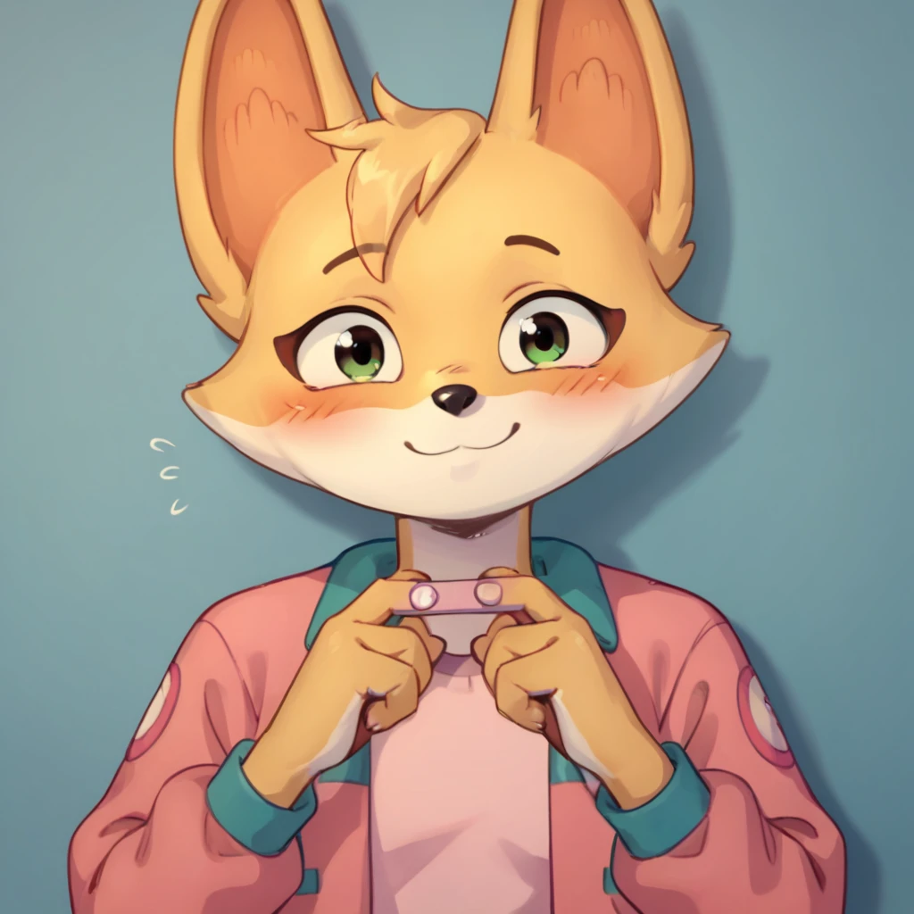 score_9, score_8_up, score_7_up, score_6_up, score_5_up, score_4_up, kit casey, fox, anthro, female, furry, holding pregnancy test, looking at viewer, headshot, blush, shy, smile, pink jacket, shirt, solo