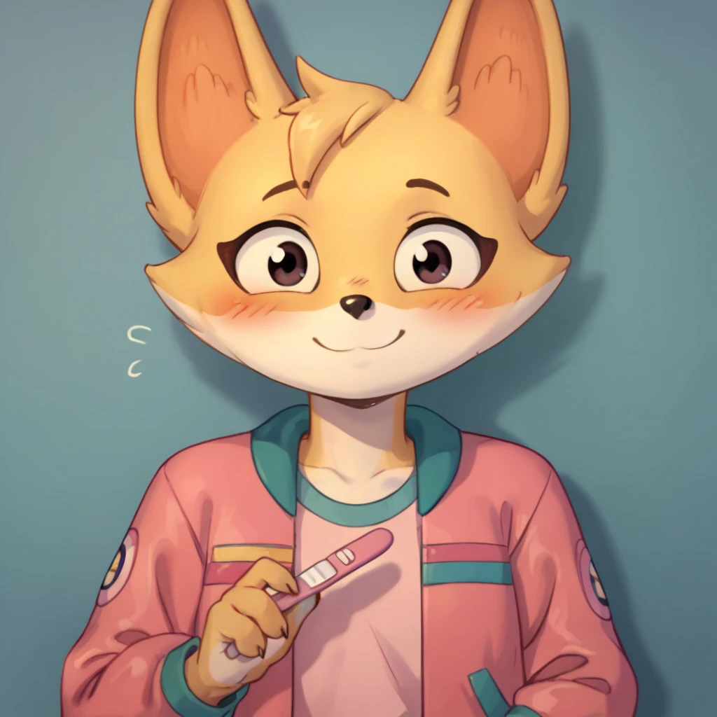 score_9, score_8_up, score_7_up, score_6_up, score_5_up, score_4_up, kit casey, fox, anthro, female, furry, holding pregnancy test, looking at viewer, headshot, blush, shy, smile, pink jacket, shirt, solo