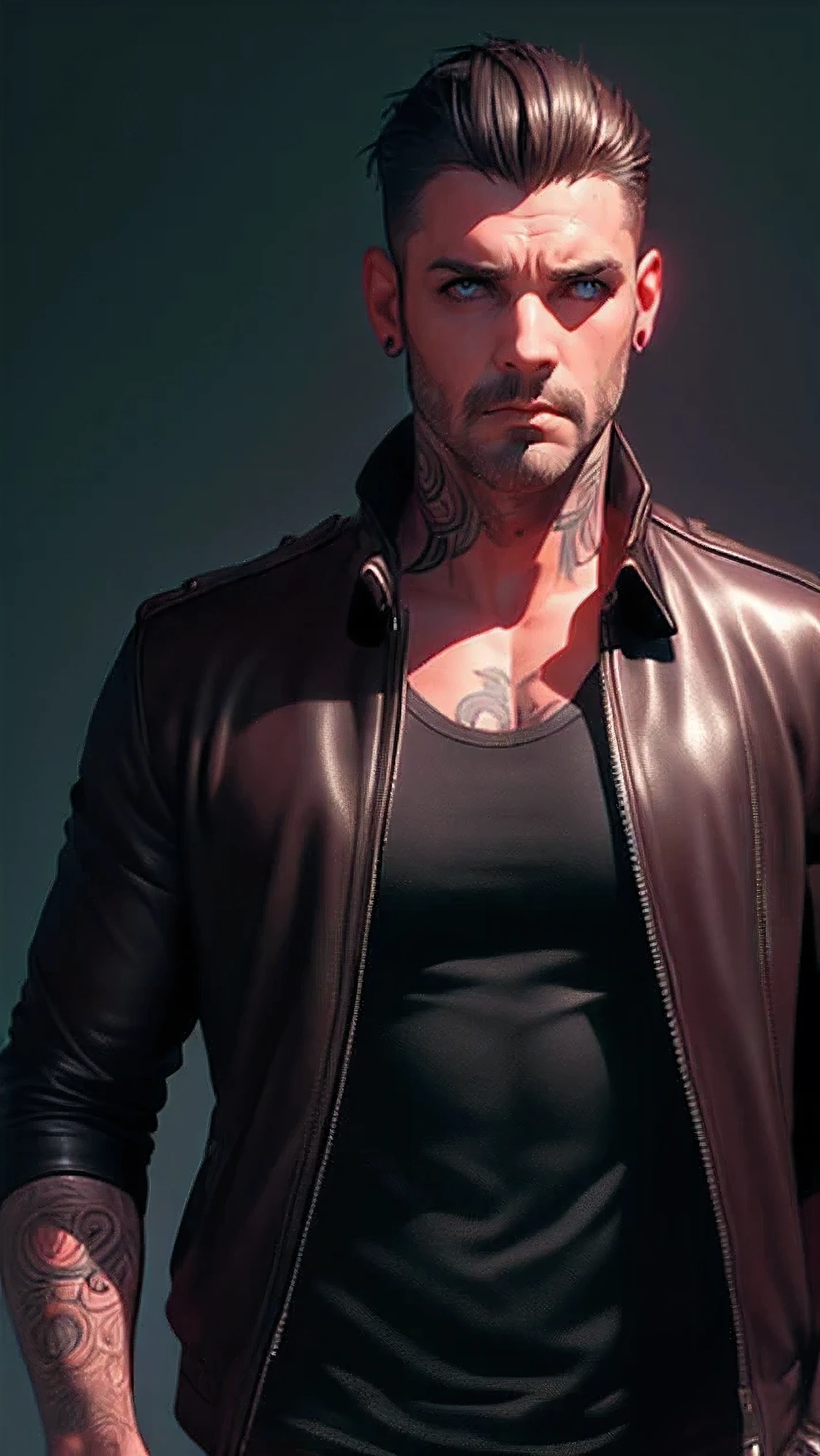 (best quality,4k,8k,highres,masterpiece:1.2),ultra-detailed,(realistic,photorealistic,photo-realistic:1.37),a dark-haired, dark-eyed man, leather jacket, rolled up sleeves, tattoos on neck and arms, black t-shirt, realistic style, vivid colors, dramatic lighting, contrasting shadows and highlights, monochromatic background