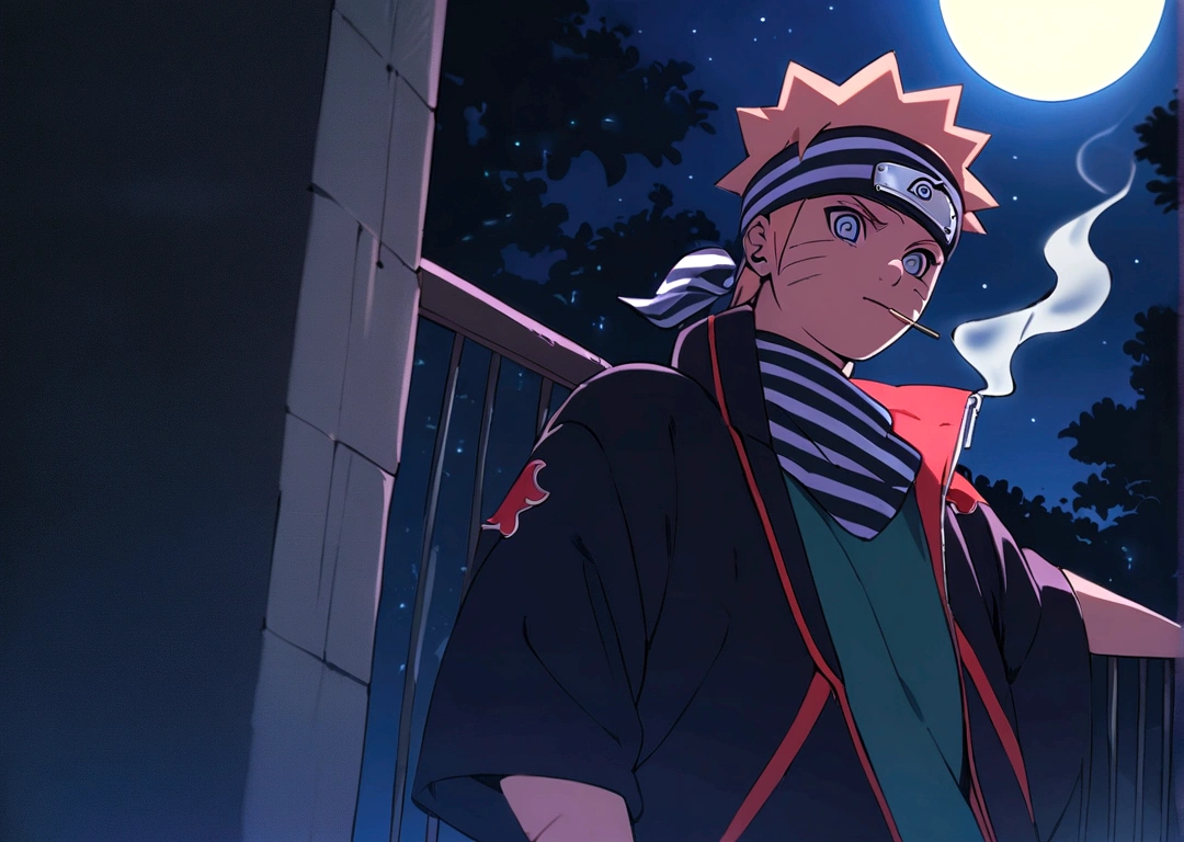 (((Naruto with striped bandana, Roupa da Akatsuki))) smoking weed outside at night, on a full moon night. cena ultra wide 4k 90s