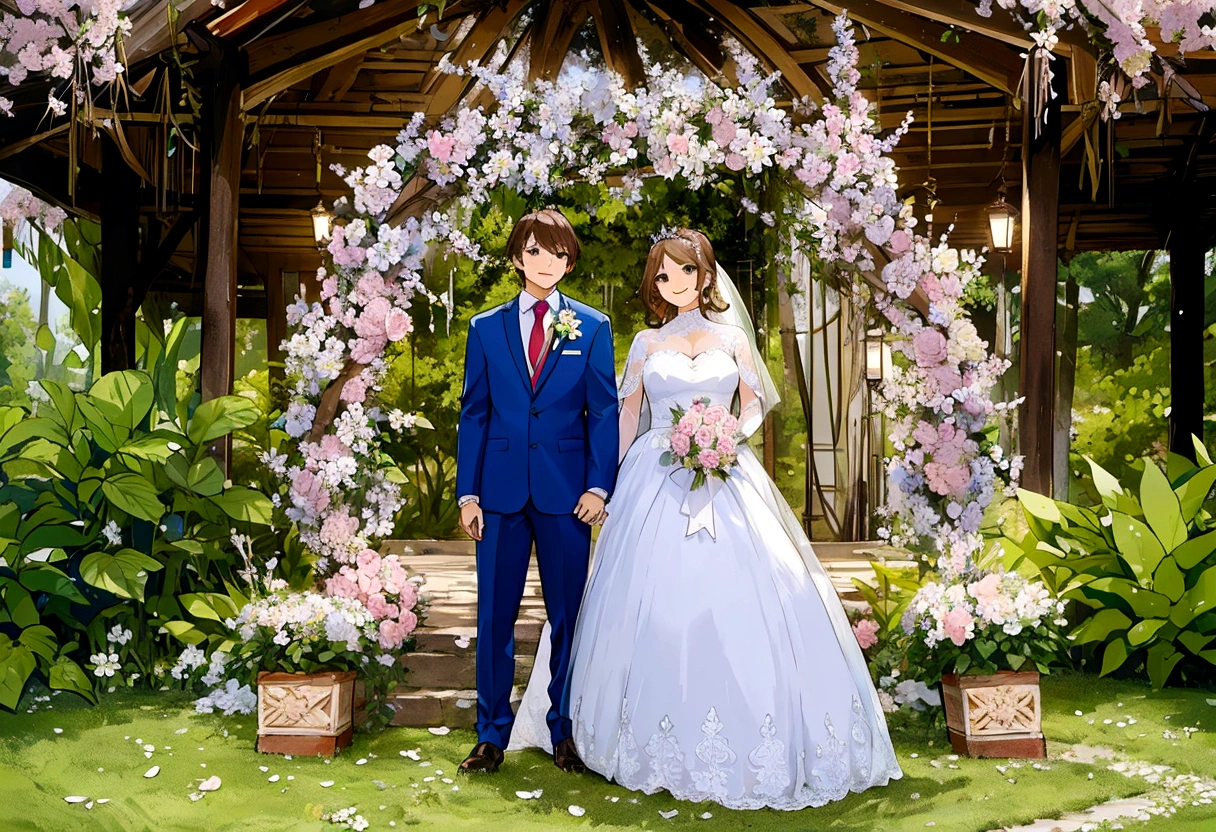 Beautiful wedding scene, two characters, both standing, full body view, Groom with Loid style brown hair from Spy x Family, wearing a blue suit, bride with blonde hair and a wedding crown and in an elegant white dress with a and holding a bouquet of flowers, Both smiling happily, incredibly beautiful faces, happy expressions, romantic background in a sakura garden with blooming flowers and soft lighting