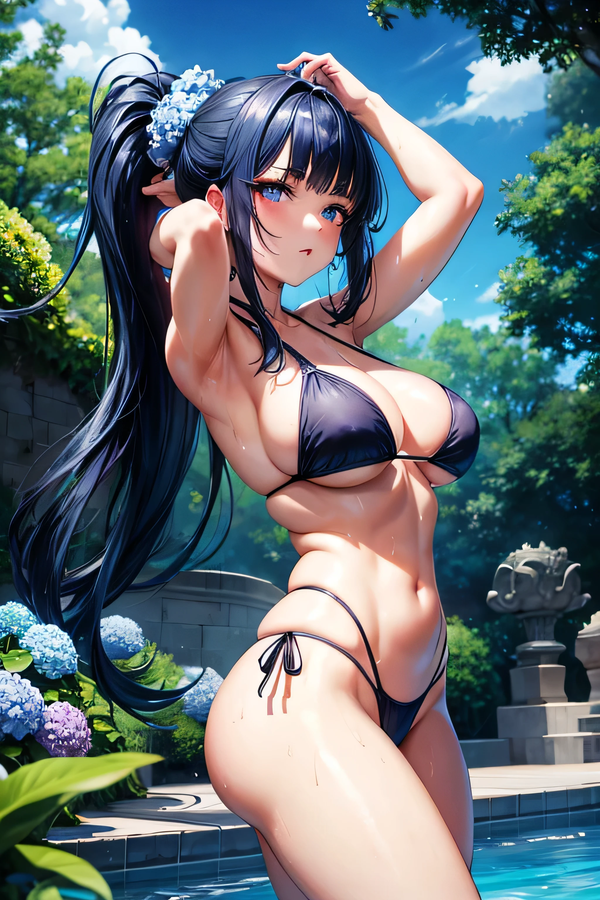 Anime art style,High resolution, high quality, One girl, Anime Girls, dark blue hair,ponytail,long hair,blunt bangs, dark blue eyes,heart shaped pupils,[[pale skin]],Glowing Skin, Super big breasts, HH-sized breasts,beautiful breasts,pointy breasts, Big Ass,beautiful ass,sweat,wet,,open legs, Skimpy bikini, Elegant face,love struck,Groin tattoo,glowing tattoo, Dynamic pose,arms behind head,at Poolside,hydrangea,