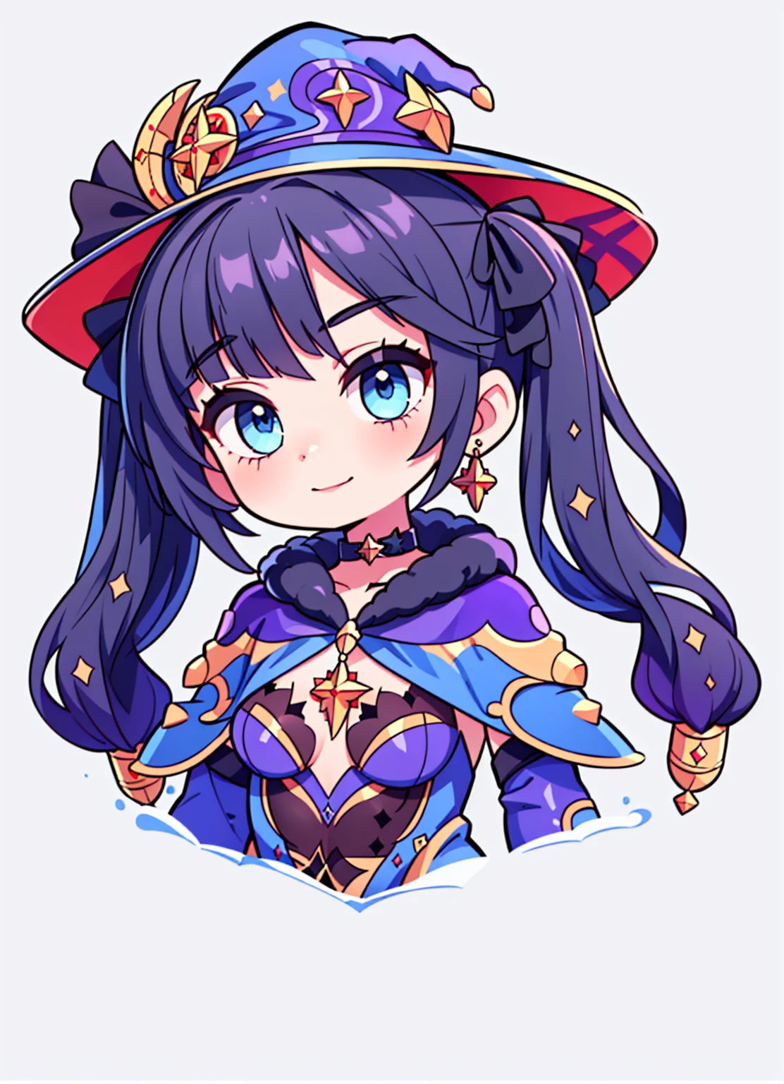 ((1girl, aamona, long hair, twintails, hair ornament, black ribbon, earrings, witch hat, purple headwear, choker, cape, fur trim, gold trim, blue leotard, detached sleeves, gloves, pantyhose, white background)), upper body, anatomically correct, small smile, short hair