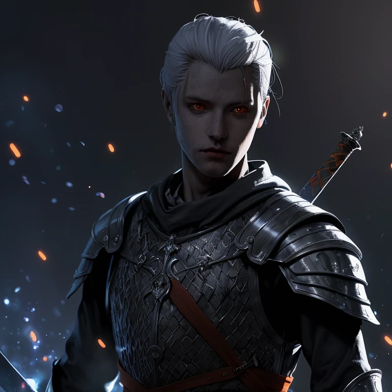 Man with gray skin and straight white hair with bright orange eyes, a medieval outfit, a sword on the back and an environment surrounded by orange sparks