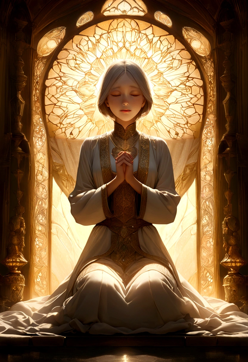 Imagine a high resolution, photorealistic image that exquisitely captures a person genuinely praying. The person is kneeling with both hands carefully joined together, in a gesture of deep devotion. The backlight is absolutely realistic, emanating from a heavenly source and filling the scene with a gentle, Natural brightness. Every detail of the picture is offered, from the wrinkles on the person&#39;s hands to the subtle nuances of shadow and light on their face. Image quality is exceptional, with textures, Cores and details that seem to pop out of the screen. This image is a stunning representation of faith and spirituality, able to touch the heart of whoever contemplates it.