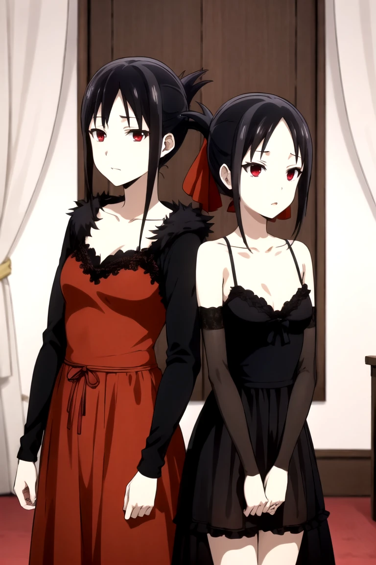 A dark-haired、Longhaire、Red Eye、Beautuful Women、Two-tone、corolla、onepiece