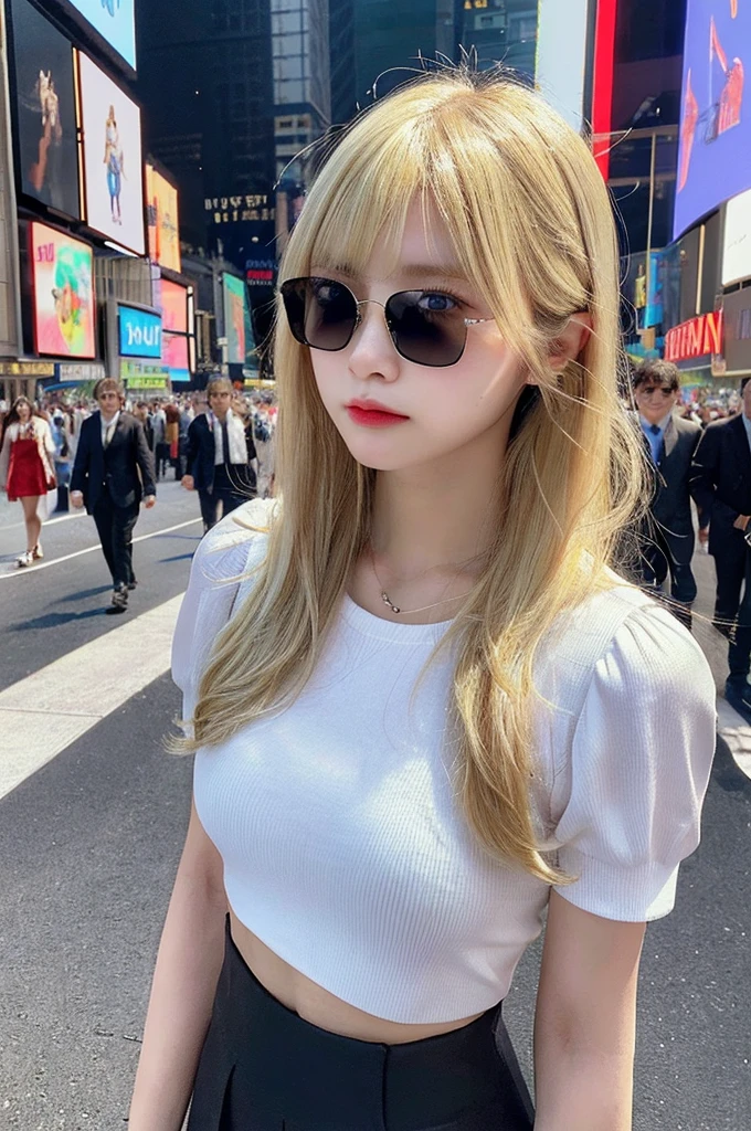 8k, highres, UHD, best quality,  soft light, ultra highres, (photorealistic:1.4), RAW photo,(high resolution detail of human skin texture), realistic, white dress shirt, short sleeves, cropped shirt, very long hair, straight hair,  (blonde hair:1.4), (blue eyes:1.15), blunt bangs, tight denim skirt, micro mini skirt, wristwatch, necklace, sunglasses on forehead,
1japanese girl, solo, (pupil, lights in the eyes), detailed beautiful face, Facing front, Body facing forward, looking at viewer, annoyed, standing,  cowboy shot, navel, thighs, gigantic breasts, under , black pantyhose, 
outdoors, Walking in Times Square, crowd, 