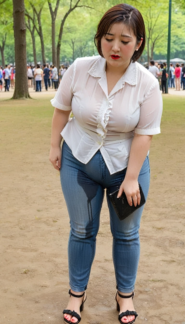 1woman,fullbody,(masterpiece:1.5),photo-realistic,16k,(beautiful 40s japanese plump lady:1.4),(crowded park:1.6),(frilled blouse:1.5),(jeans:1.3),(sandals:1.5),(handing on wetting crotch with both hands:1.4),(whimpering:1.6),(panicking:1.6),(crying:1.6),(wetting:1.7),(dripping pee:1.4),brown straight medium hair,black eyes,makeup,lipstick,eyeliner,mascara,eyeshadow