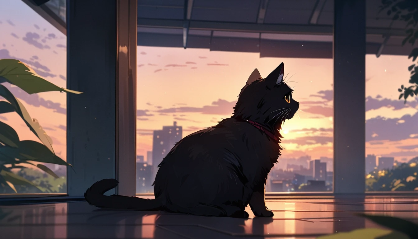 Solo, no humans, animals, Black cat animal-centered, masterpiece, highest quality, cute, detailed description, natural scenery, relaxing,I street corner,evening