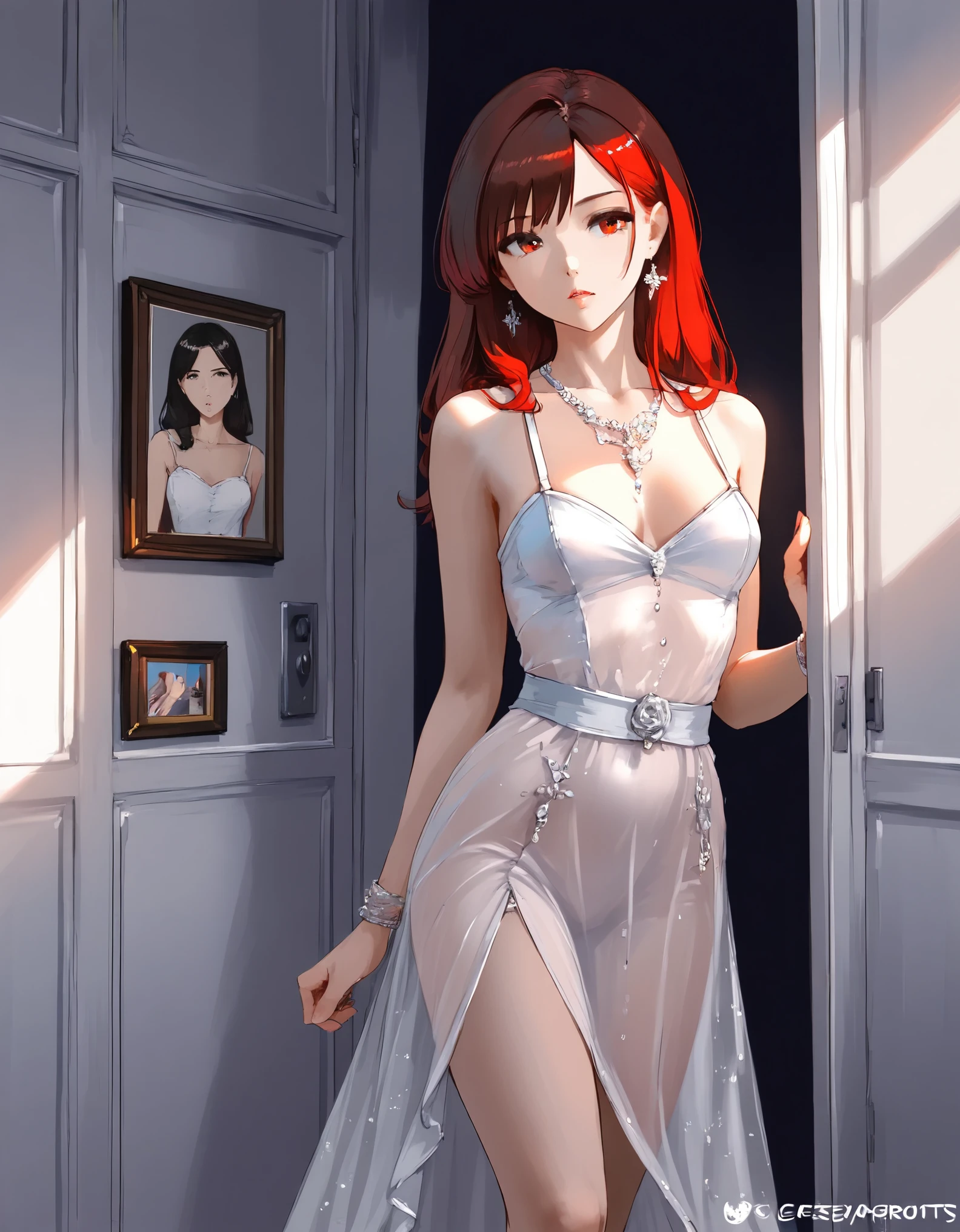 a woman with long red hair, beautiful detailed eyes, beautiful detailed lips, extremely detailed face, longeyelashes, cutesexyrobutts, anatomically correct, standing at a doorway, one leg raised, anime style, (best quality,4k,8k,highres,masterpiece:1.2),ultra-detailed,(realistic,photorealistic,photo-realistic:1.37),extremely detailed anatomy, vivid colors, dramatic lighting,cinematic,intricate detail,elegant