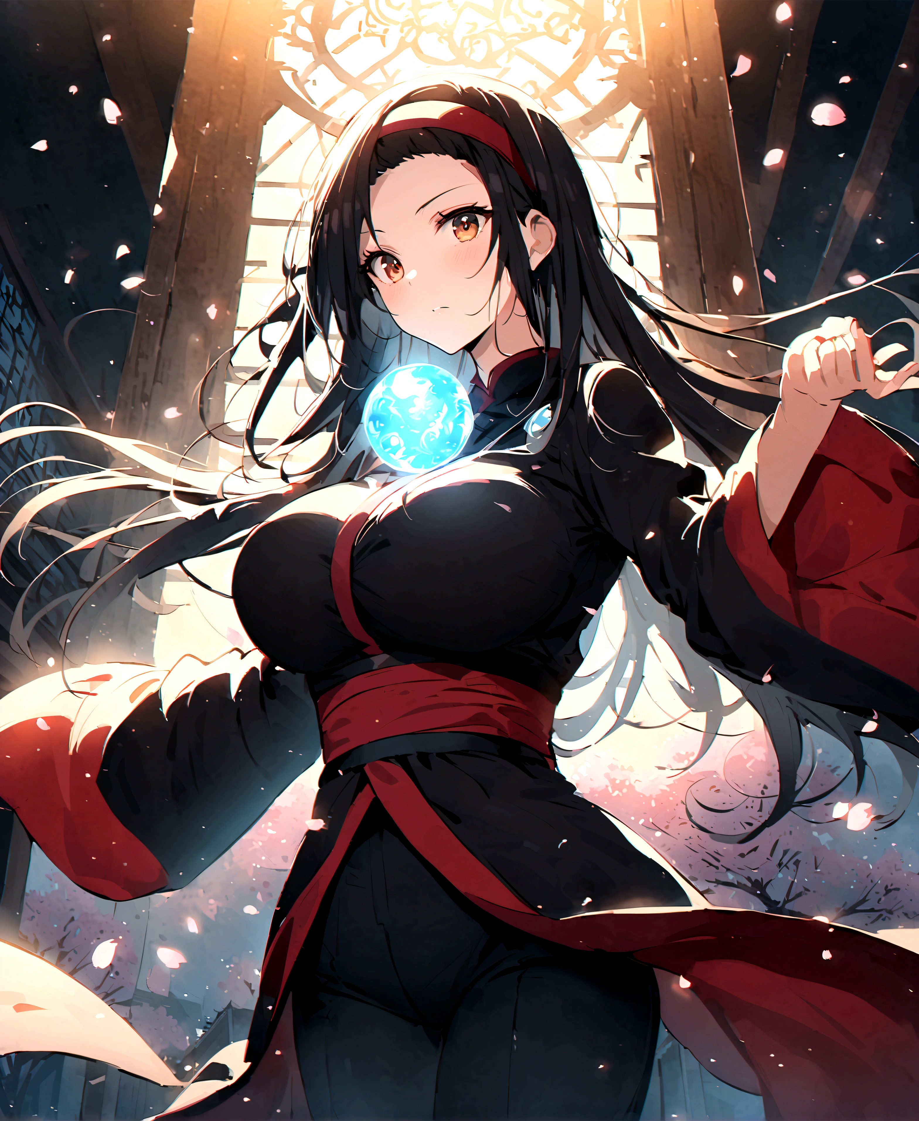 core_9、score_8_up、score_7_up、score_6_up、score_5_up、score_4_up 、1 person、solo、Big Breasts、ChizuruDG、Long Hair、Black Hair、I slicked my hair back.、Brown eyes、hair band、Black Pants、Wide sleeves、Sash、Wide sleeves、Combat Stance、magic、Orb、cherry blossoms、East Asian architecture、