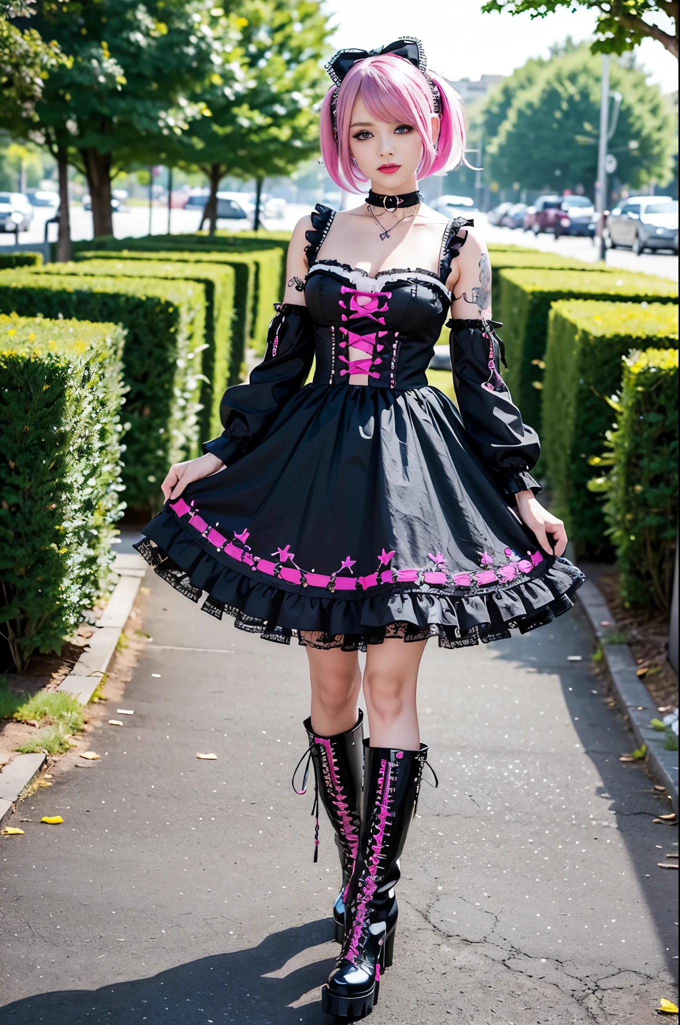 sexy stylish Swedish model, only 1 female, ((doll-like appearance)), short neon pink stylish hair, ((shiny Punk-Style boots)), (beautiful smile), ultra detailed eyes, Punk makeup, lip-gloss, ((sexy Punk ta cosplay)), unconventional skirt, petticoats, high neckline, ((ultra detailed lace)), ((ultra detailed embroidery)), intricate details, tartan patterns, Punk Loliccessoires, Punk Lolita cr, ((large sparkling Punk Lolita jewel, cinematic light, detailed sunny large park background with trees