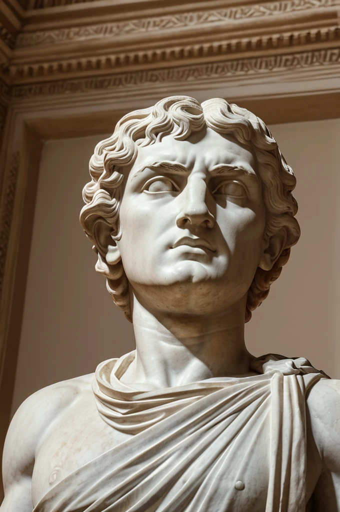 8k classical male statue, low angle perspective, noble and heroic demeanor, draped in intricately detailed toga, ornamentalelement on left shoulder, well-defined facial features with strong jawline and straight nose, curly voluminous hair, dramatic lighting with strong shadows, mix of warm tones and bluish highlights