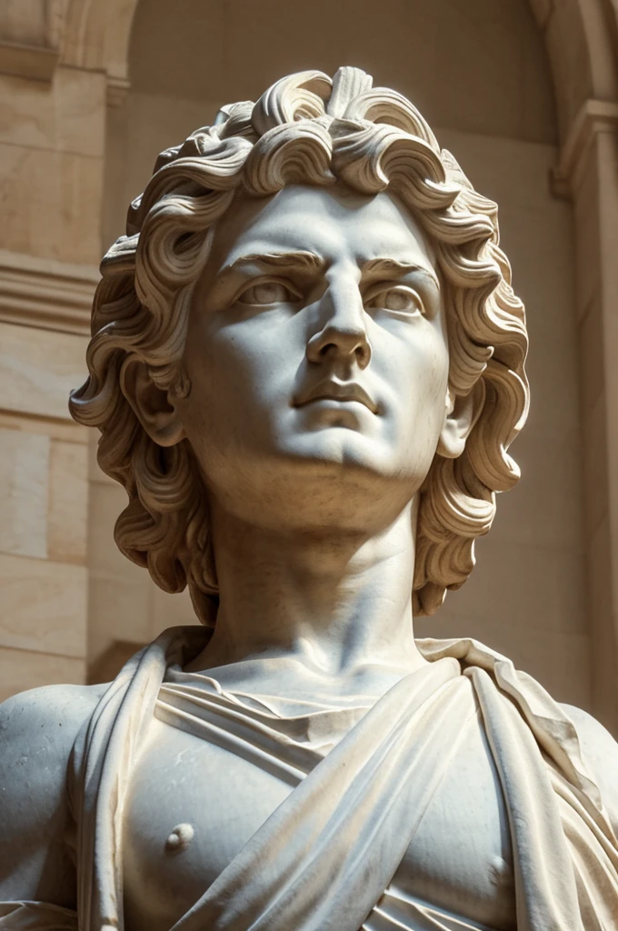 8k classical male statue, low angle perspective, noble and heroic demeanor, draped in intricately detailed toga, ornamentalelement on left shoulder, well-defined facial features with strong jawline and straight nose, curly voluminous hair, dramatic lighting with strong shadows, mix of warm tones and bluish highlights