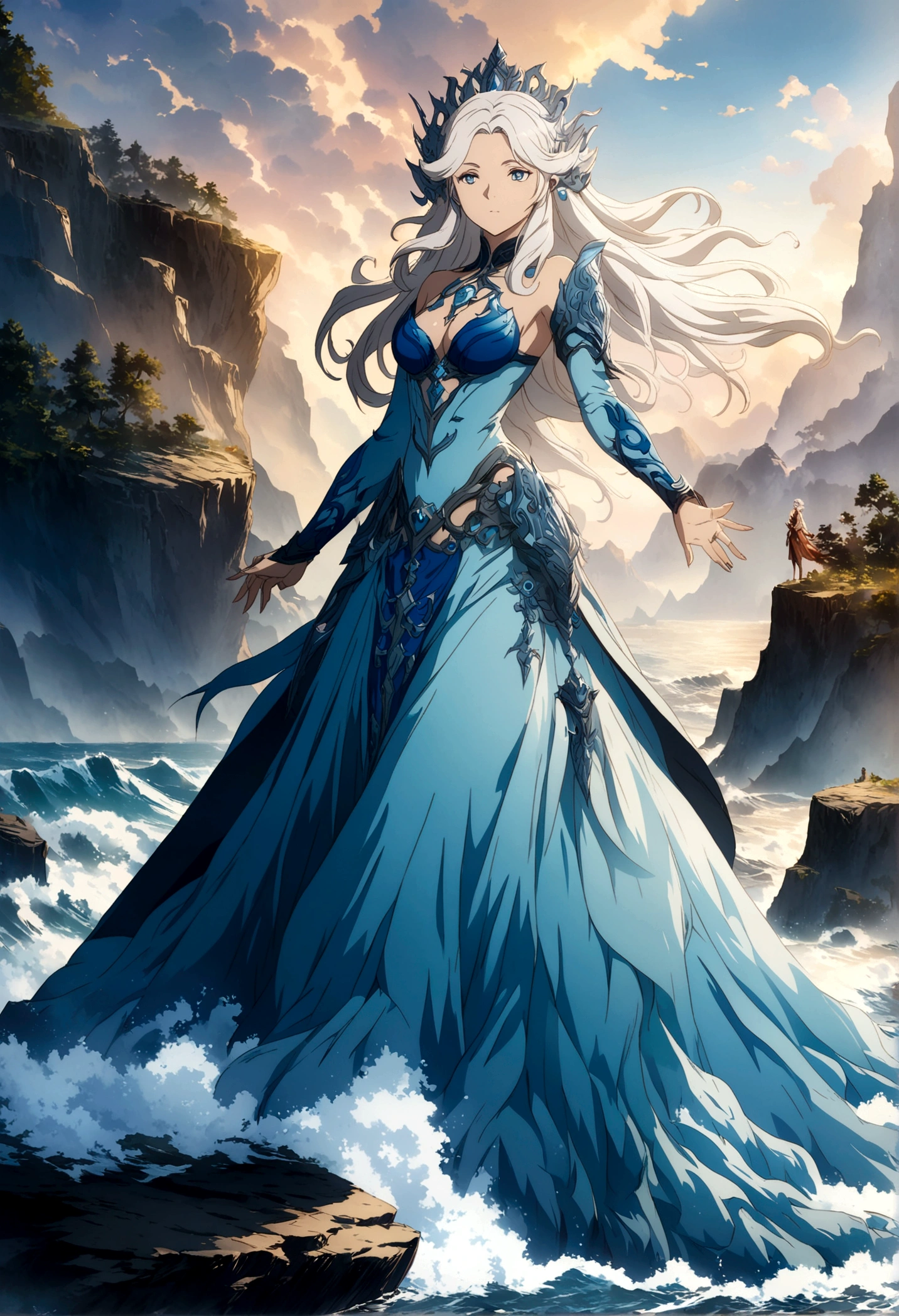 woman with white hair and blue dress standing on a rock in the ocean, anime fantasy artwork, anime fantasy illustration, beautiful fantasy anime, fantasy art style, white haired deity, epic fantasy art style, sea queen Mu Yanling, epic fantasy art style hd, 极其详细的Artgerm, 2. 5 d cgi anime fantasy artwork