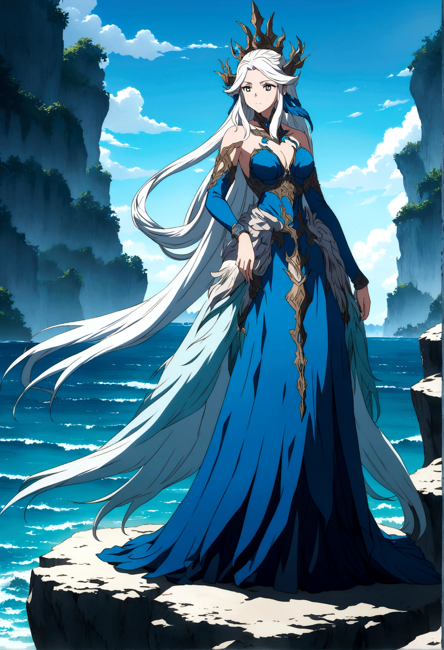 woman with white hair and blue dress standing on a rock in the ocean, anime fantasy artwork, anime fantasy illustration, beautiful fantasy anime, fantasy art style, white haired deity, epic fantasy art style, sea queen Mu Yanling, epic fantasy art style hd, 极其详细的Artgerm, 2. 5 d cgi anime fantasy artwork