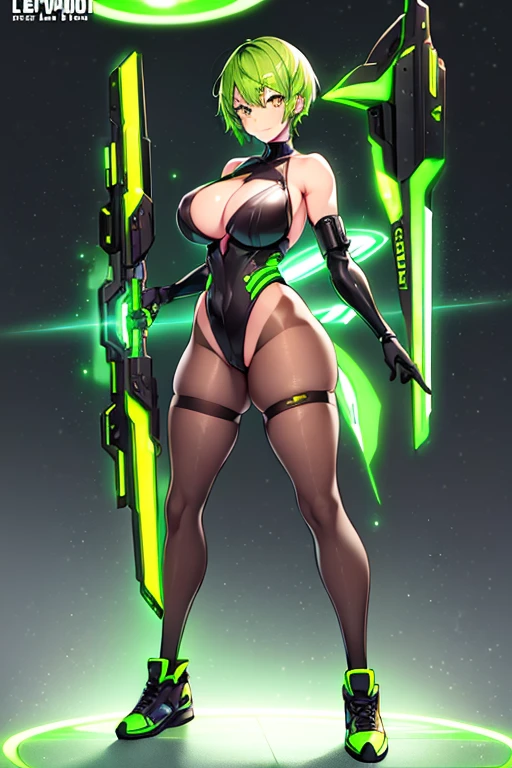 1girl, green hair, yellow eyes, pixie cut, very short hair, smile, breasts, leotard, black leotard, pantyhose, black pantyhose, neon, futuristic, science-fiction, full_body, ((full body)), mature female, hourglass figure, large breasts, machinery, tech, neon trim, sneakers, drone