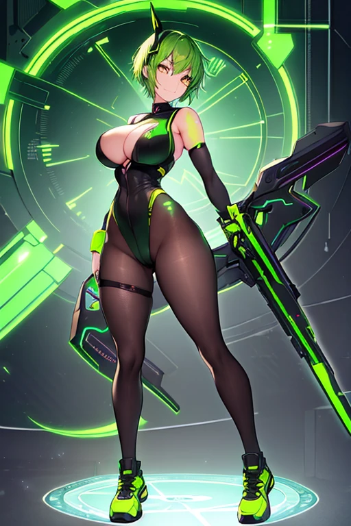 1girl, green hair, yellow eyes, pixie cut, very short hair, smile, breasts, leotard, black leotard, pantyhose, black pantyhose, neon, futuristic, science-fiction, full_body, ((full body)), mature female, hourglass figure, large breasts, machinery, tech, neon trim, sneakers, drone
